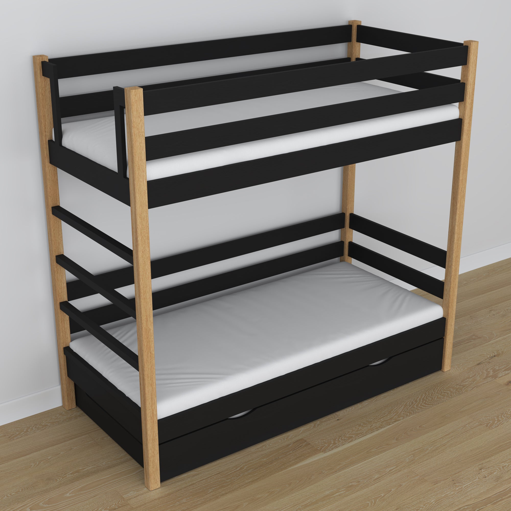 Stapelbed houten zwart-eiken – binnenkant van de matraslade, kinderkamer