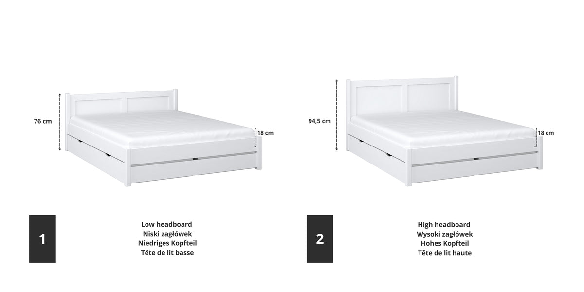 Houten tweepersoonsbed met lade wit – schuin aanzicht, scandi slaapkamer