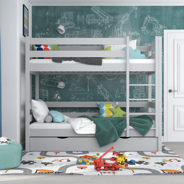 Lit superposé gris z tiroir – barrière i échelle en bois, Nizio