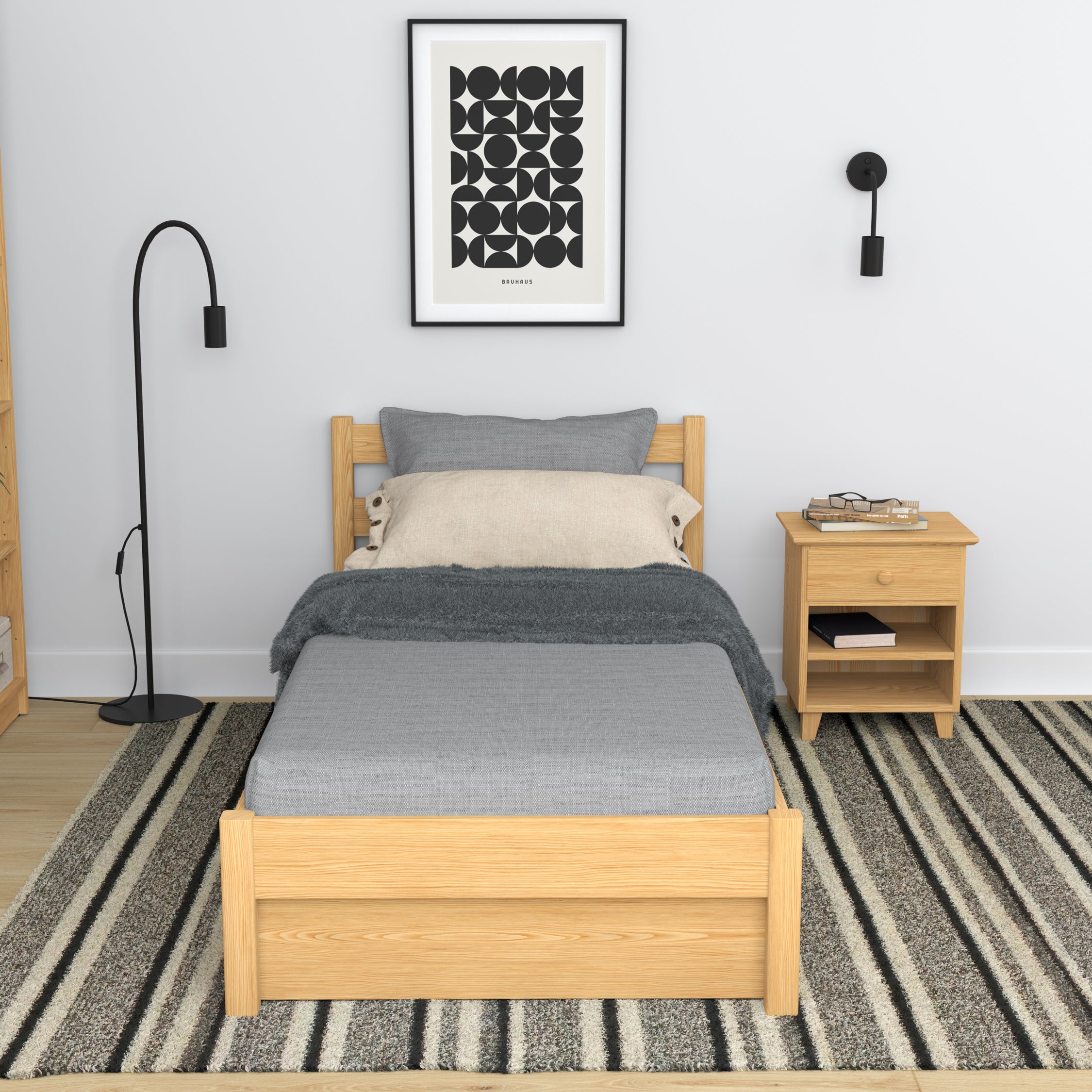 Lit pin naturel z tiroir – vue de côté, en bois, Nizio Home