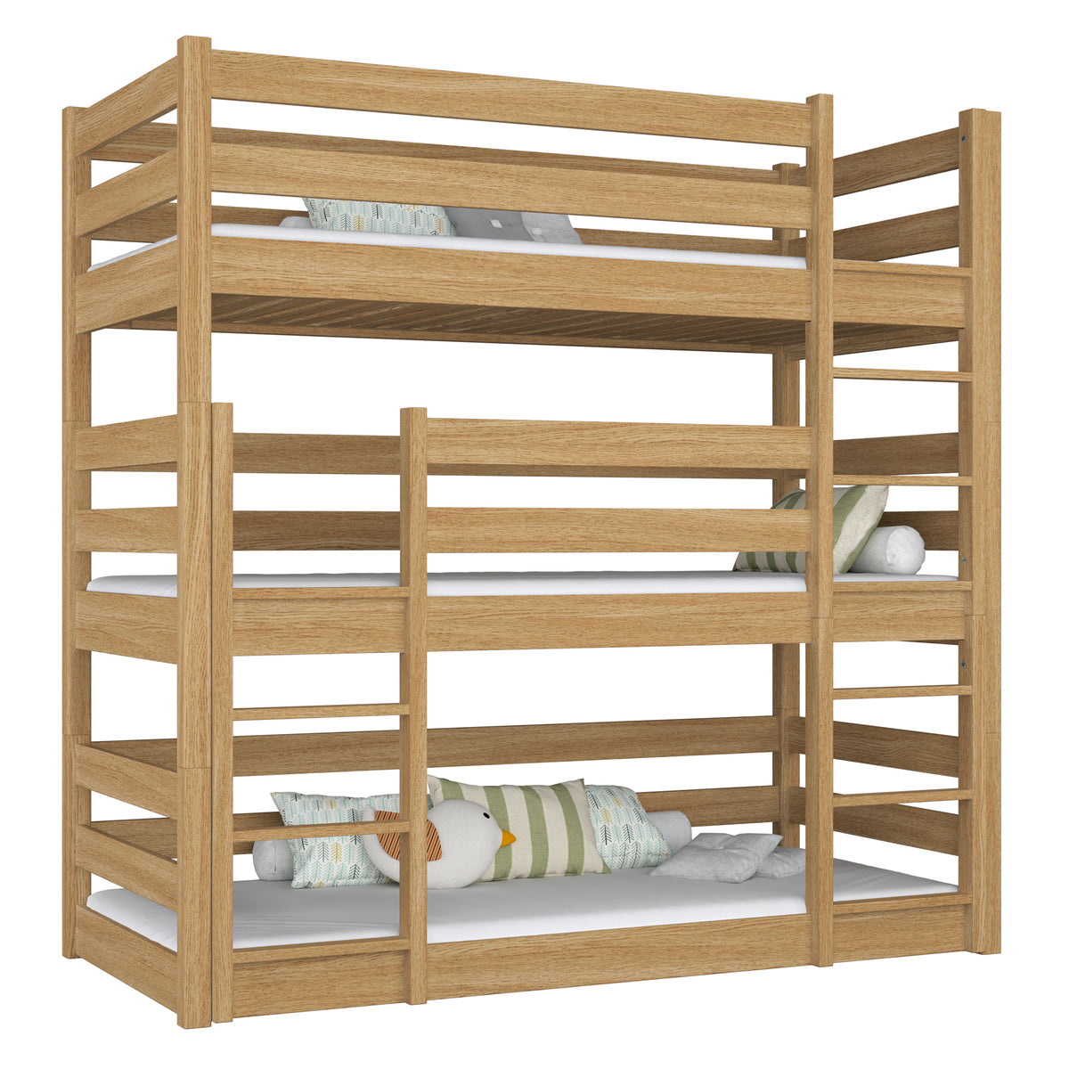 Drielaags stapelbed houten naturel eiken – drie slaapplaatsen, kinderkamer scandi