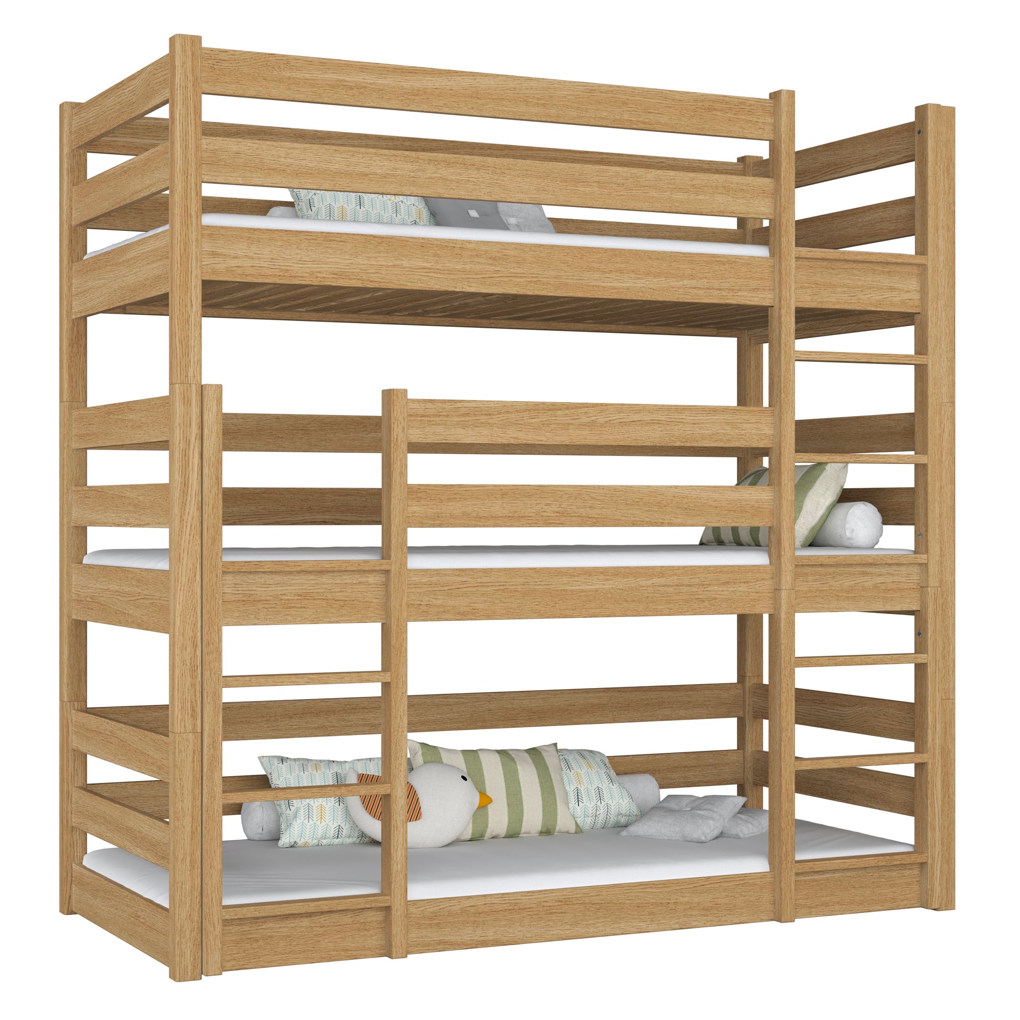 Drielaags stapelbed houten naturel eiken – drie slaapplaatsen, kinderkamer scandi