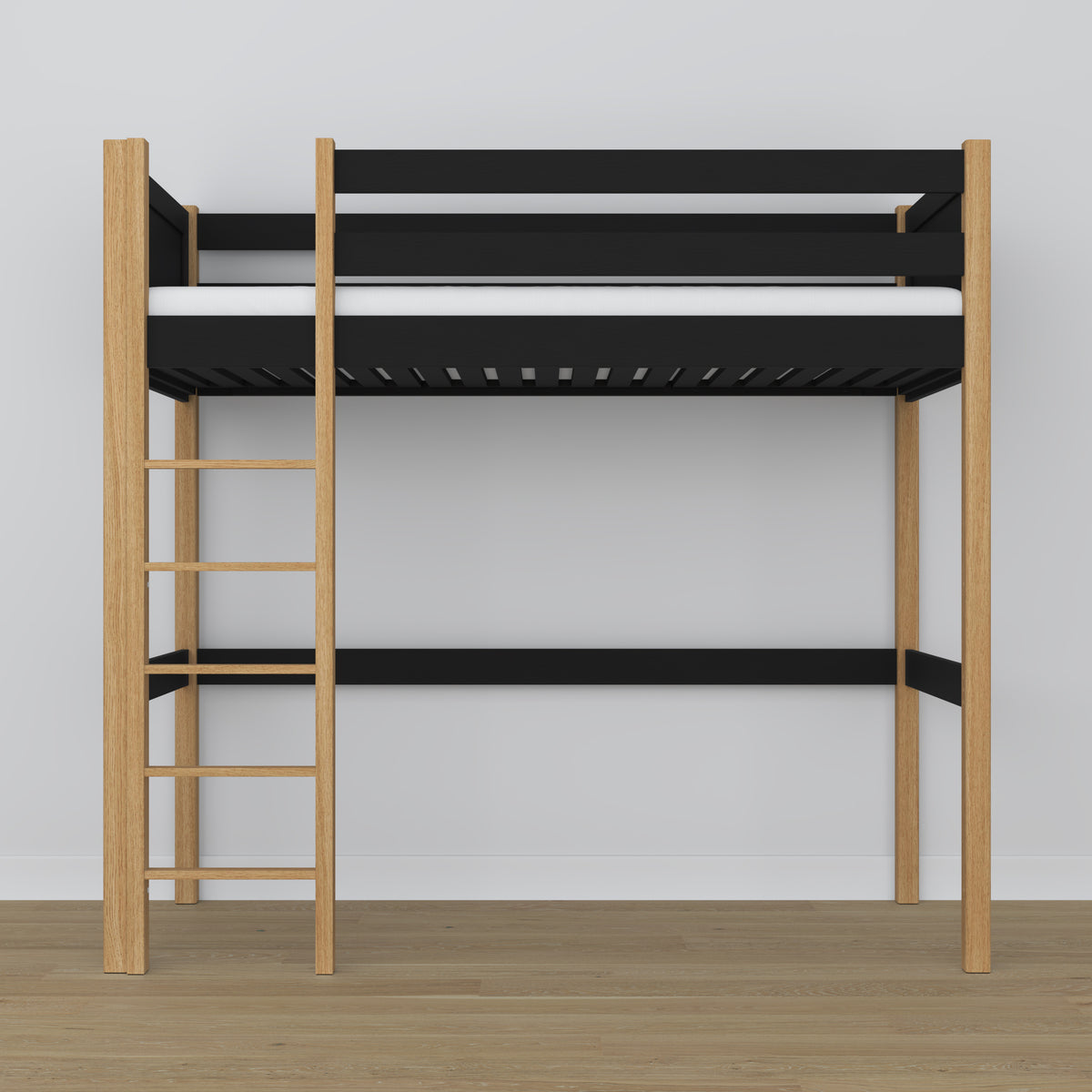 Hoogslaper zwart-eiken – houten ladder en valbescherming, Nizio Home