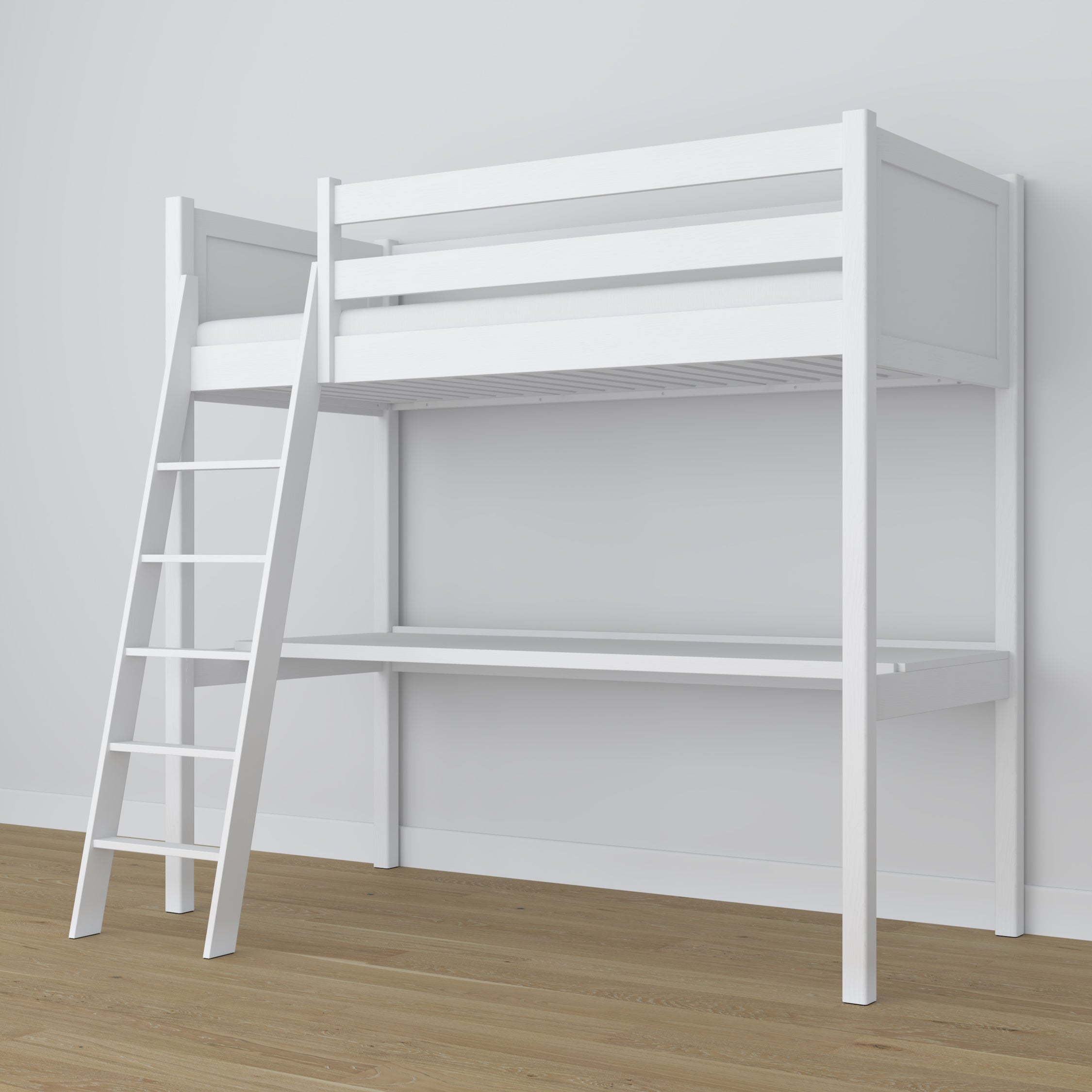 Lit mezzanine avec bureau en bois blanc – échelle i barrière ochronna