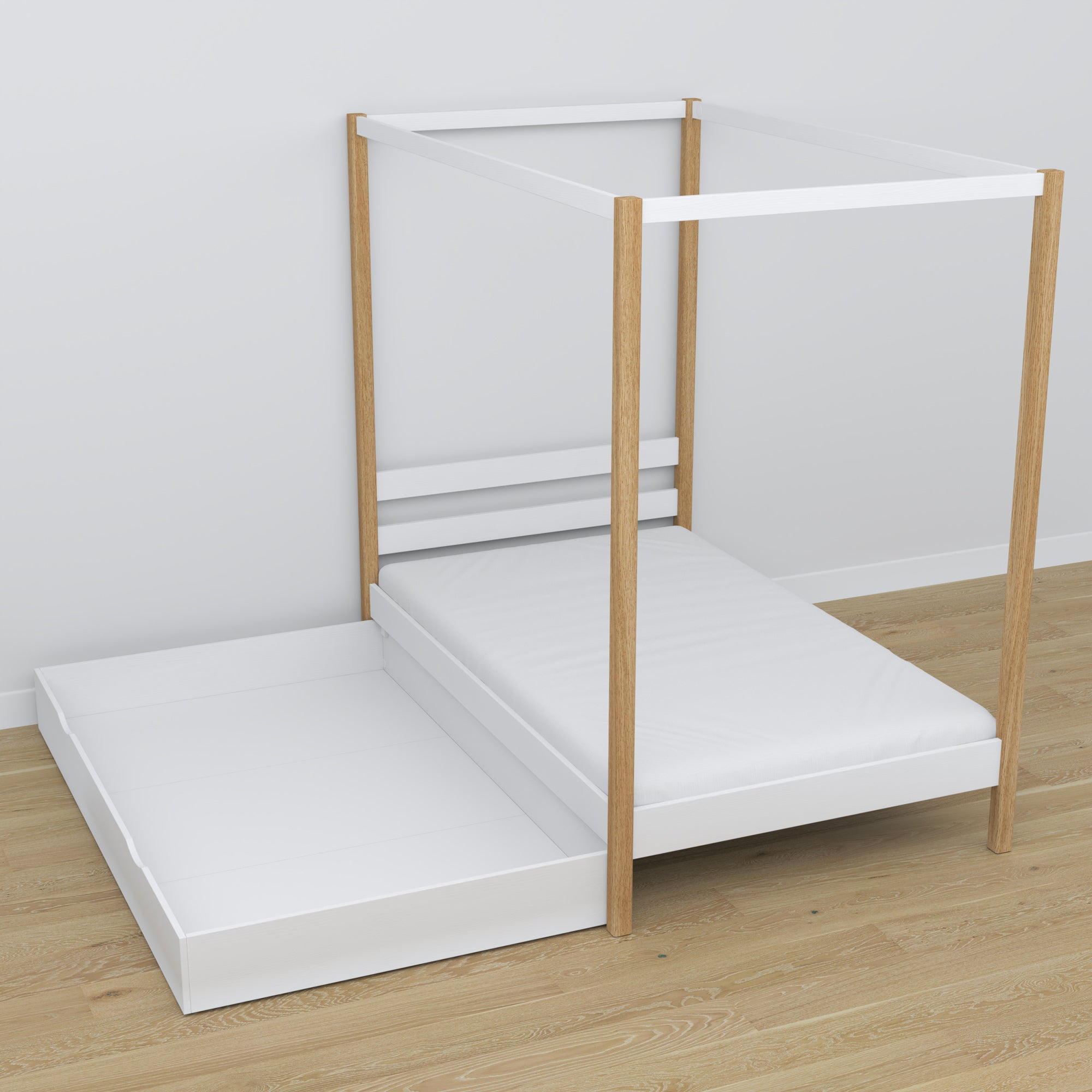 Bed wit-eiken met hemel en lade – zijaanzicht, houten