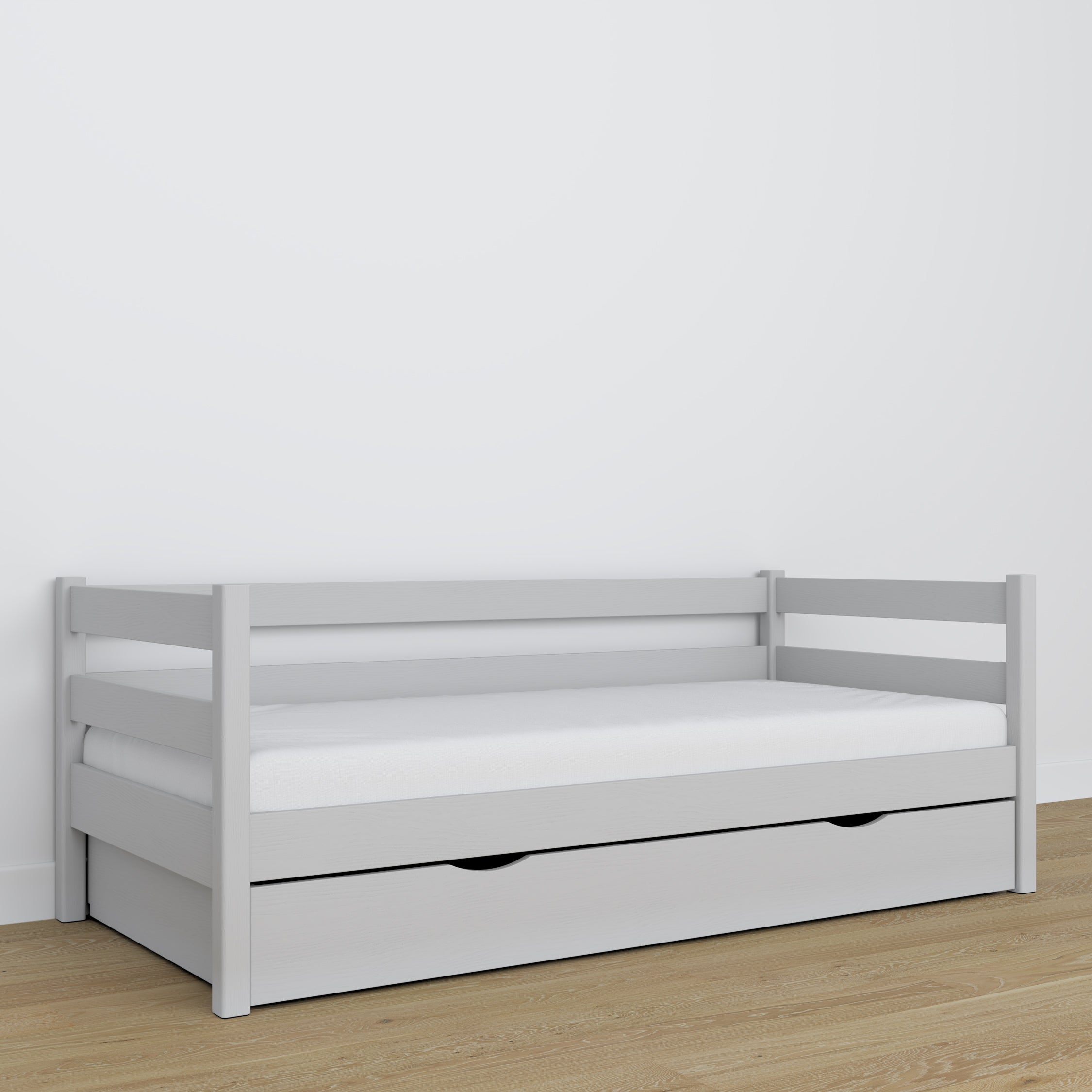 Slaapbank met lade houten grijs – kinderkamer, scandi inrichting