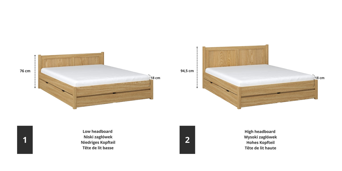 Tweepersoonsbed met lade eikenhouten naturel eiken – schuin aanzicht, scandi slaapkamer