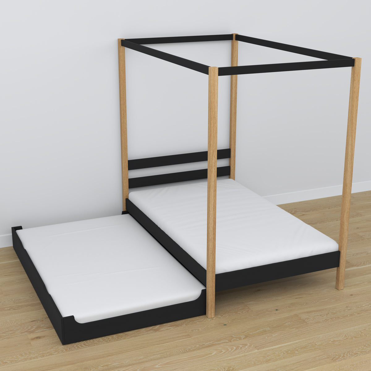Bed met hemel houten zwart-eiken – lade uitgetrokken, plek voor gast