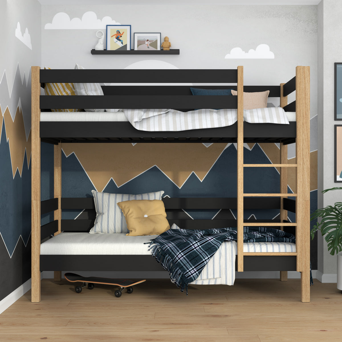 Stapelbed zwart-eiken – ladder en veiligheidsbeugel houten, Nizio Home