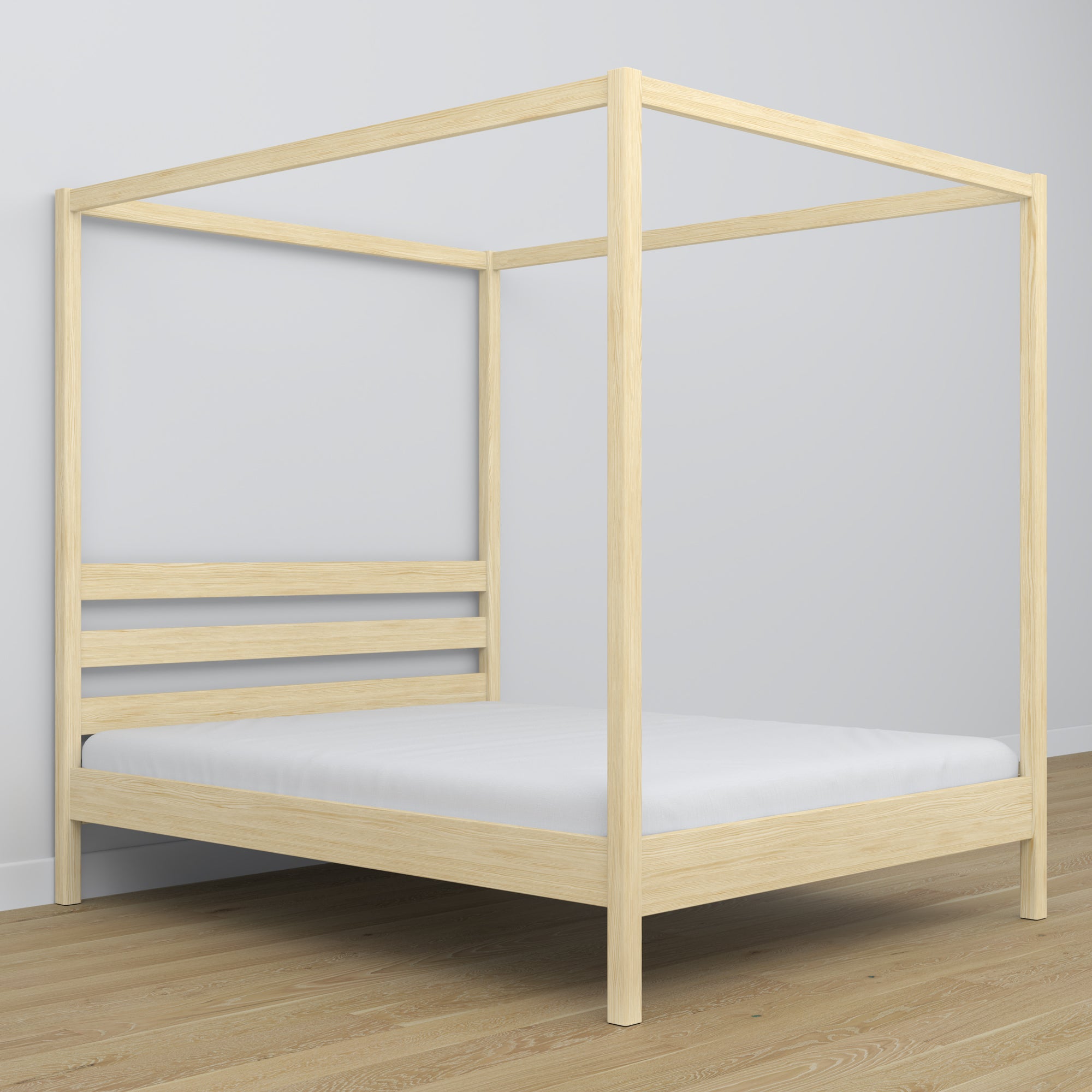 Lit double pin incolore avec baldaquin – cadre décoratif en bois, scandinave