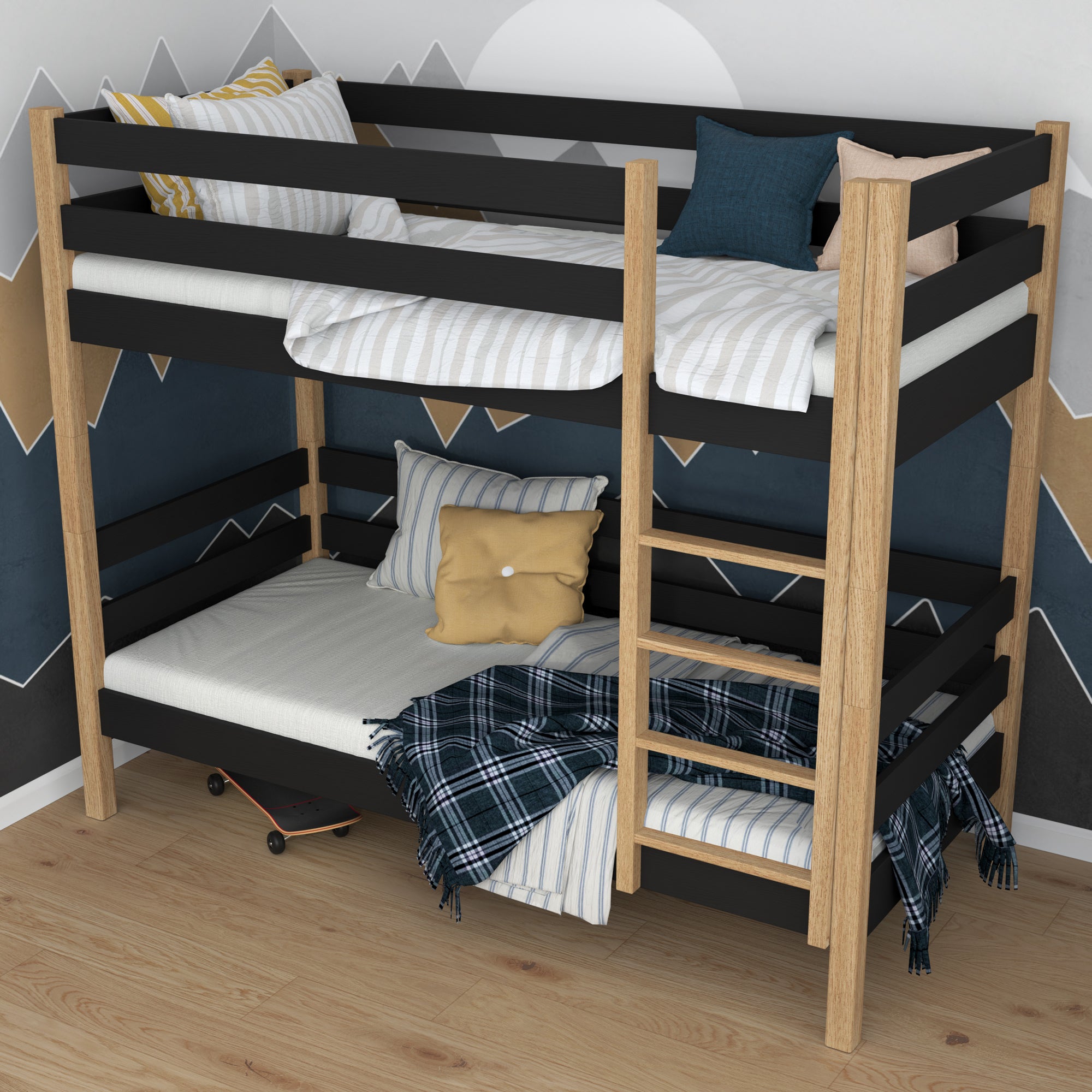 Stapelbed zwart-eiken in de kinderkamer – scandi inrichting, houten