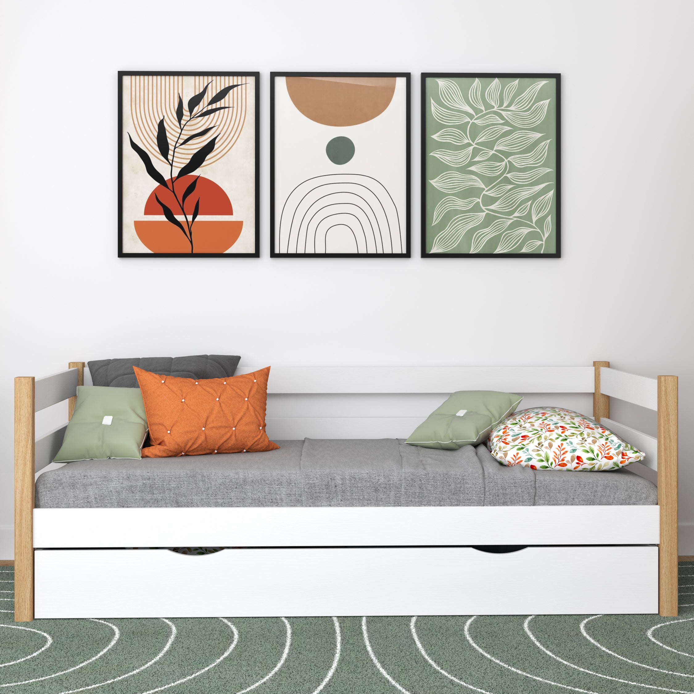 Slaapbank met lade houten wit-eiken – kinderkamer, scandi stijl Nizio