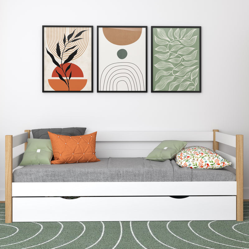 Slaapbank met lade houten wit-eiken – kinderkamer, scandi stijl Nizio