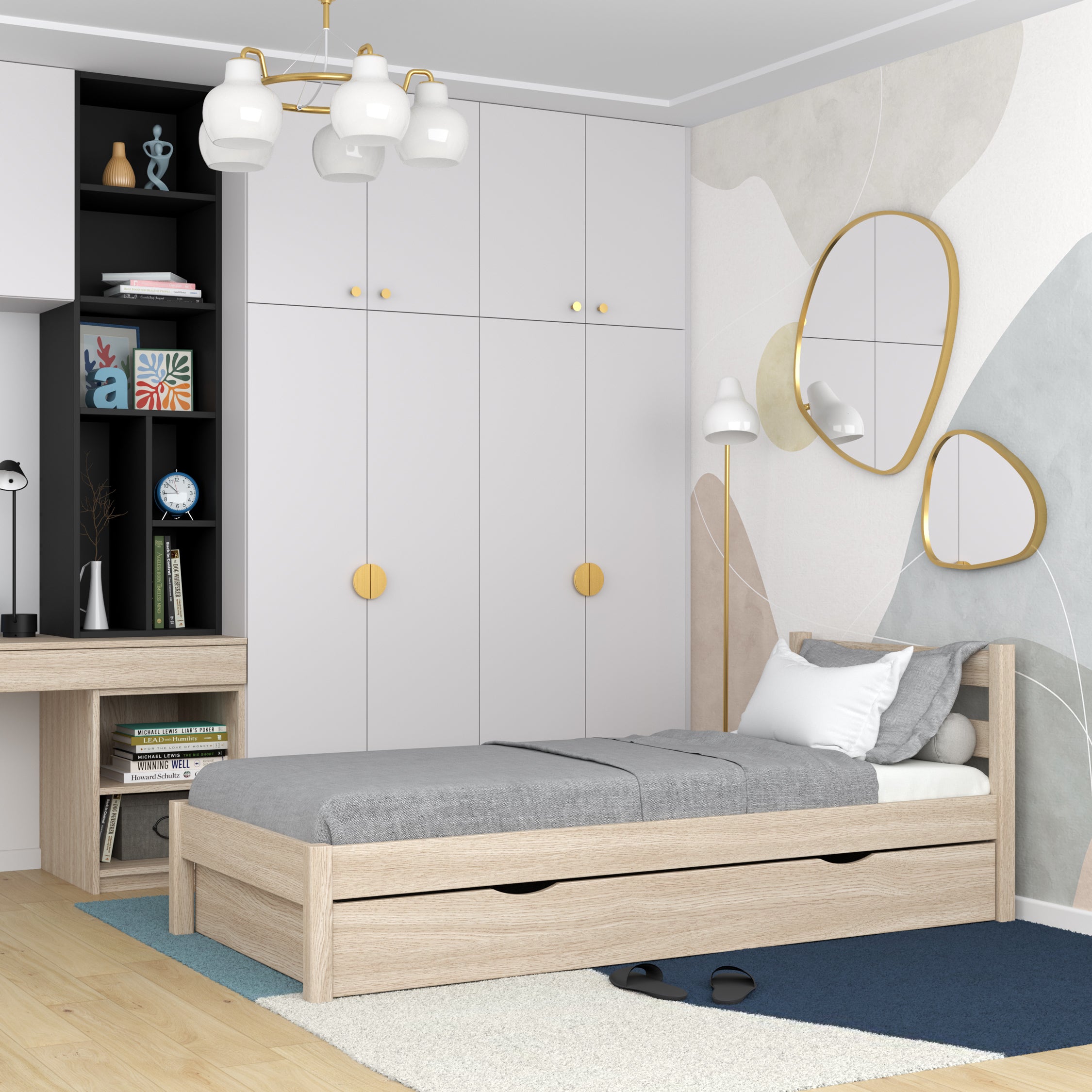 Eenpersoonsbed met lade eiken gewit eiken – kinderkamer, scandinavische stijl
