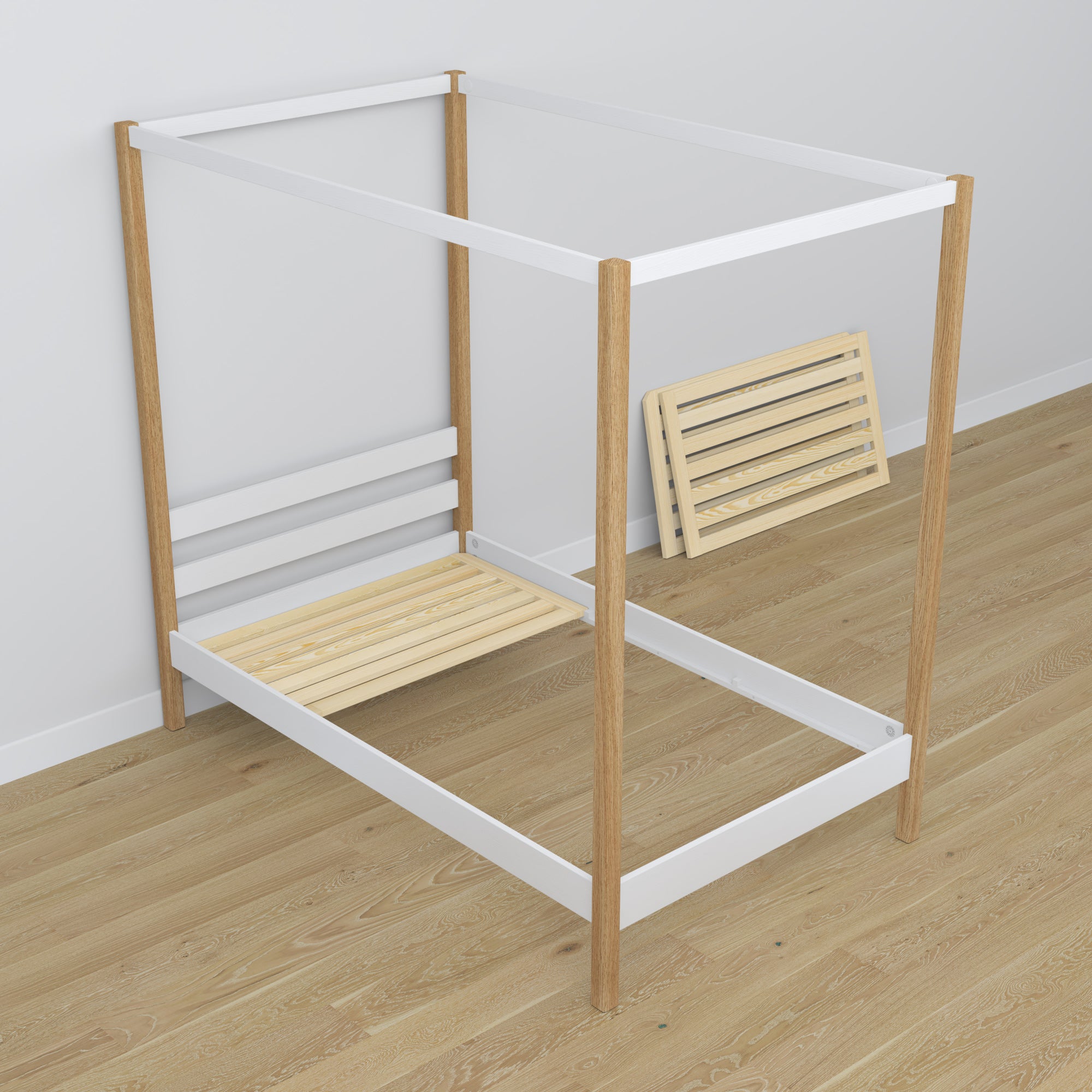 Bed met hemel en lade wit-eiken van hout – afmetingen, Nizio