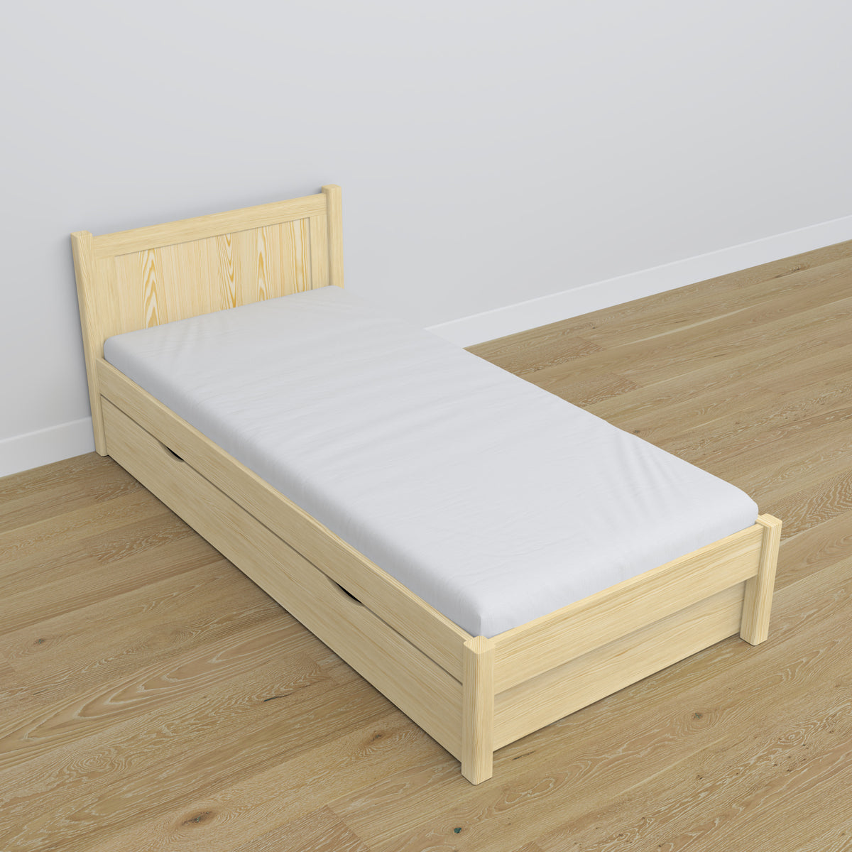 Lit pin incolore z tiroir – prowadnice i détails en bois, Nizio