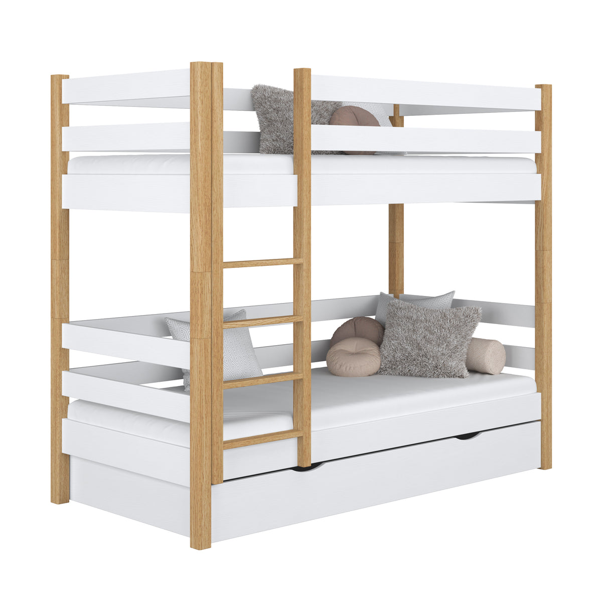 Stapelbed met lade houten wit-eiken – kinderkamer, massief hout, scandi
