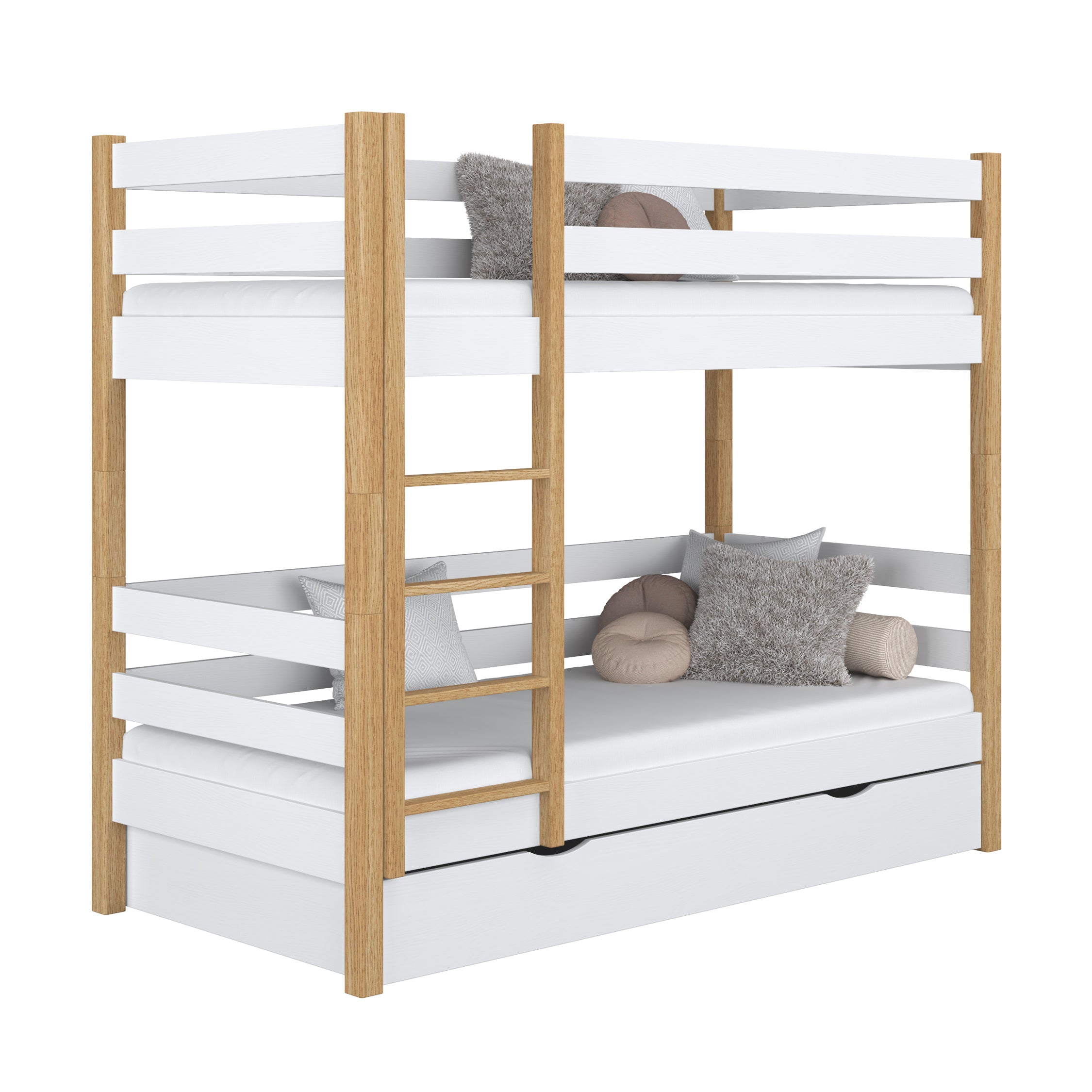 Stapelbed met lade houten wit-eiken – kinderkamer, massief hout, scandi