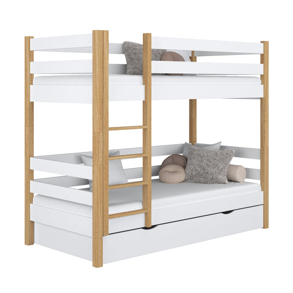 Lit superposé avec tiroir en bois blanc-chêne – chambre d'enfant, bois massif, scandinave