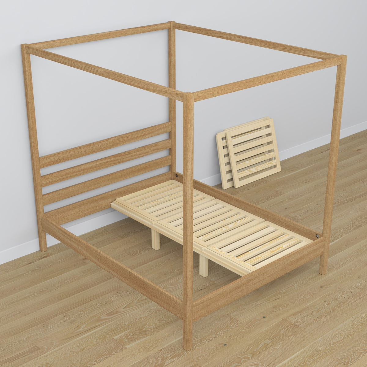 Bed met hemel naturel eiken van eiken – zijaanzicht, scandi stijl