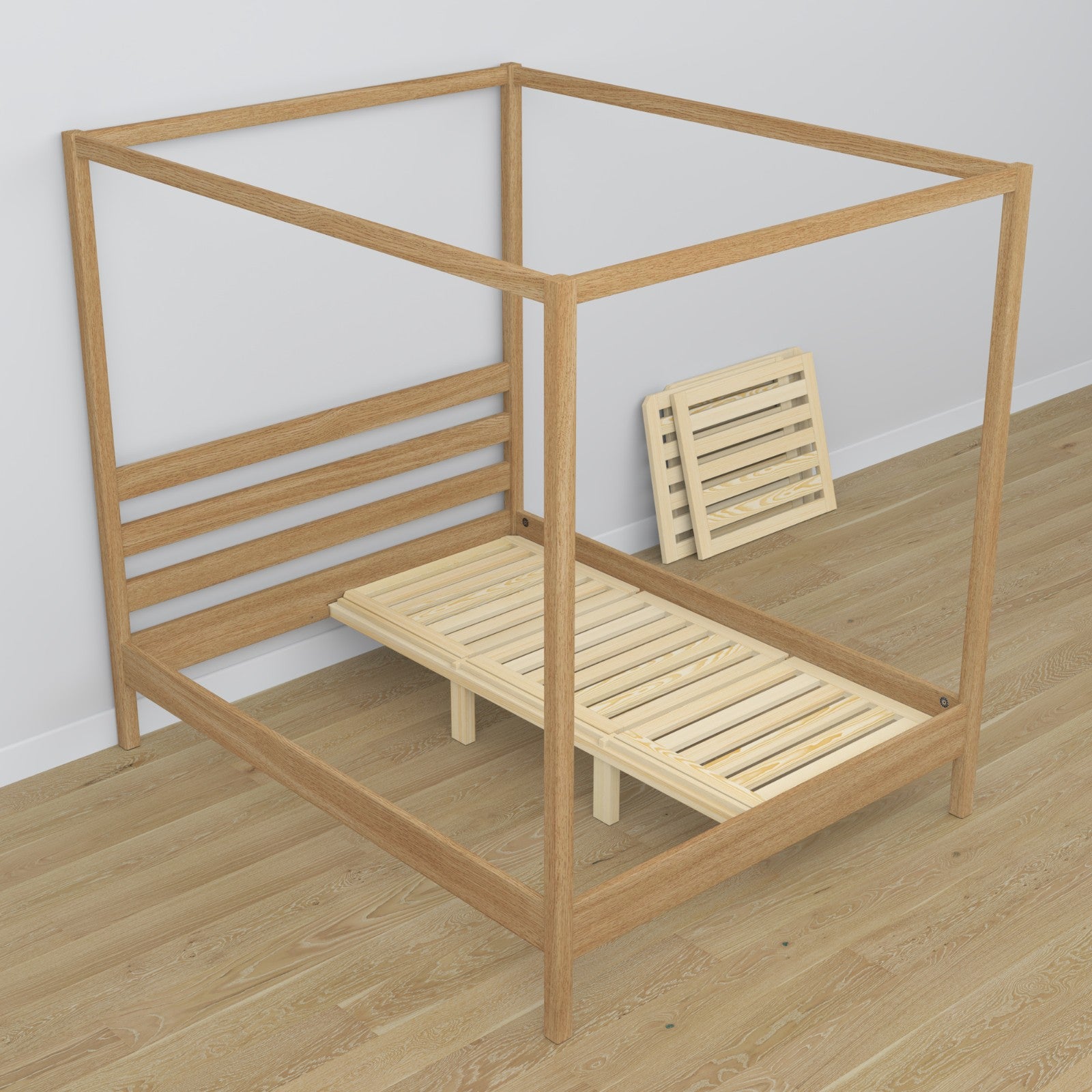 Bed met hemel naturel eiken van eiken – zijaanzicht, scandi stijl