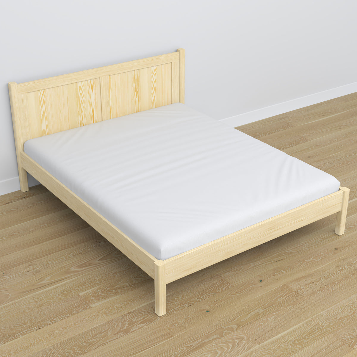 Tweepersoonsbed transparant grenen in slaapkamer – inrichting met beddengoed, scandi stijl