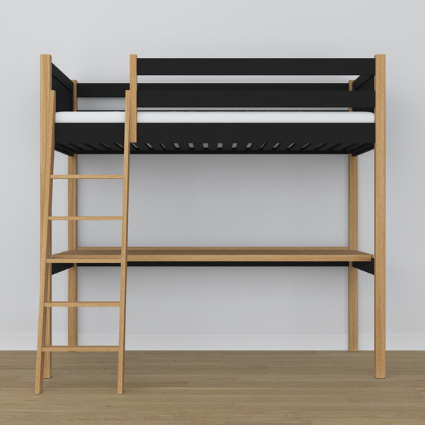 Lit mezzanine noir-chêne avec bureau – espace d'apprentissage sous la chambre, en bois