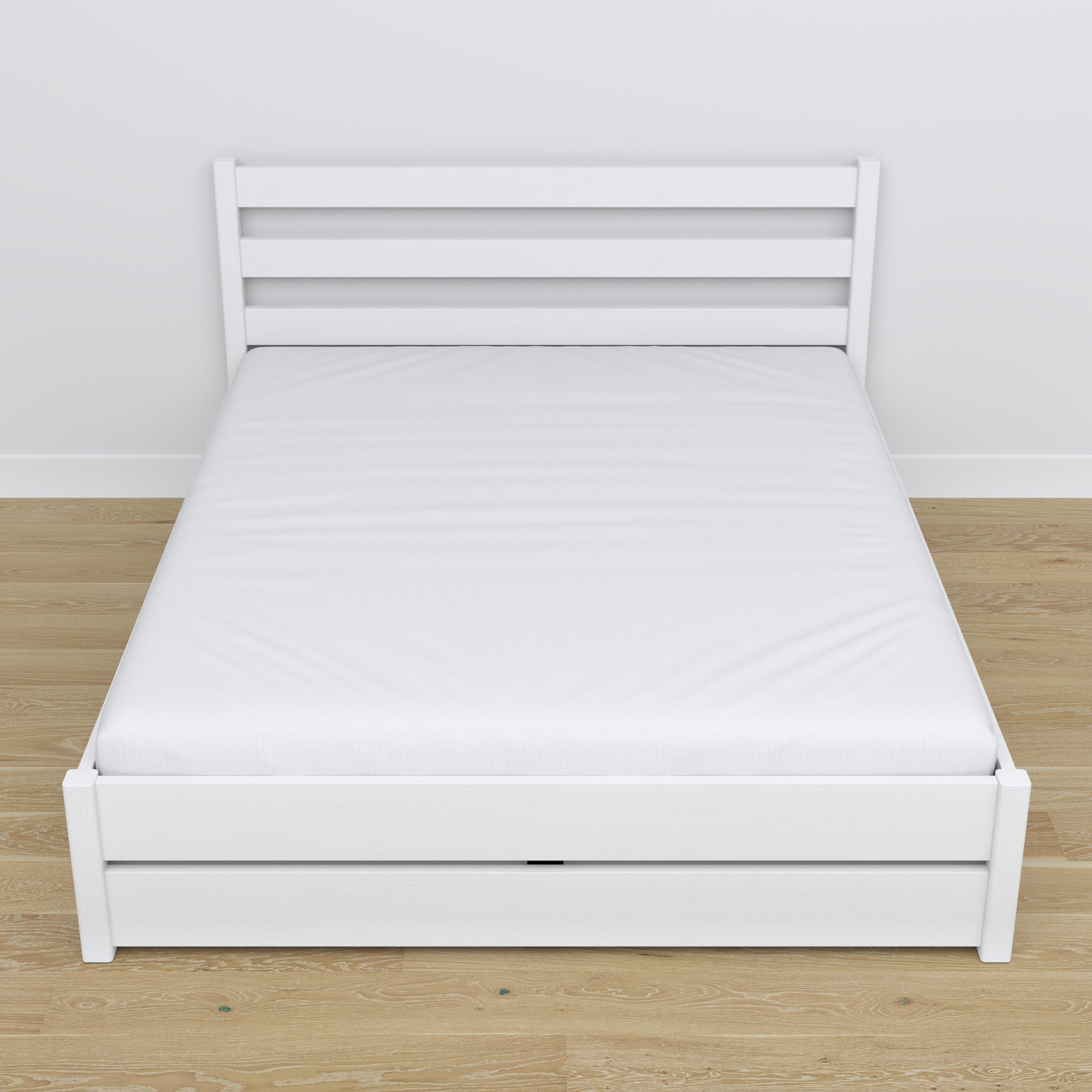 Houten tweepersoonsbed met lade wit – schuin aanzicht, scandi slaapkamer