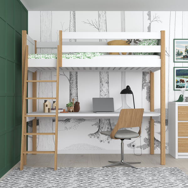 Lit mezzanine blanc-chêne avec bureau – espace d'apprentissage sous la chambre, en bois