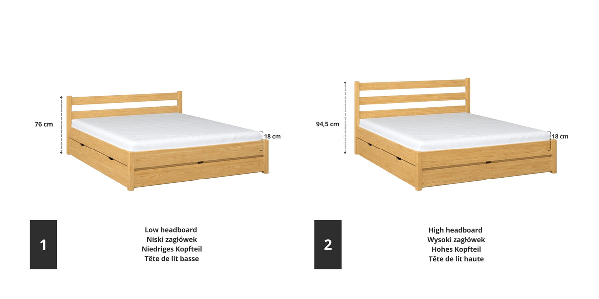 Wooden double bed natural pine – joint and drawer details, Nizio