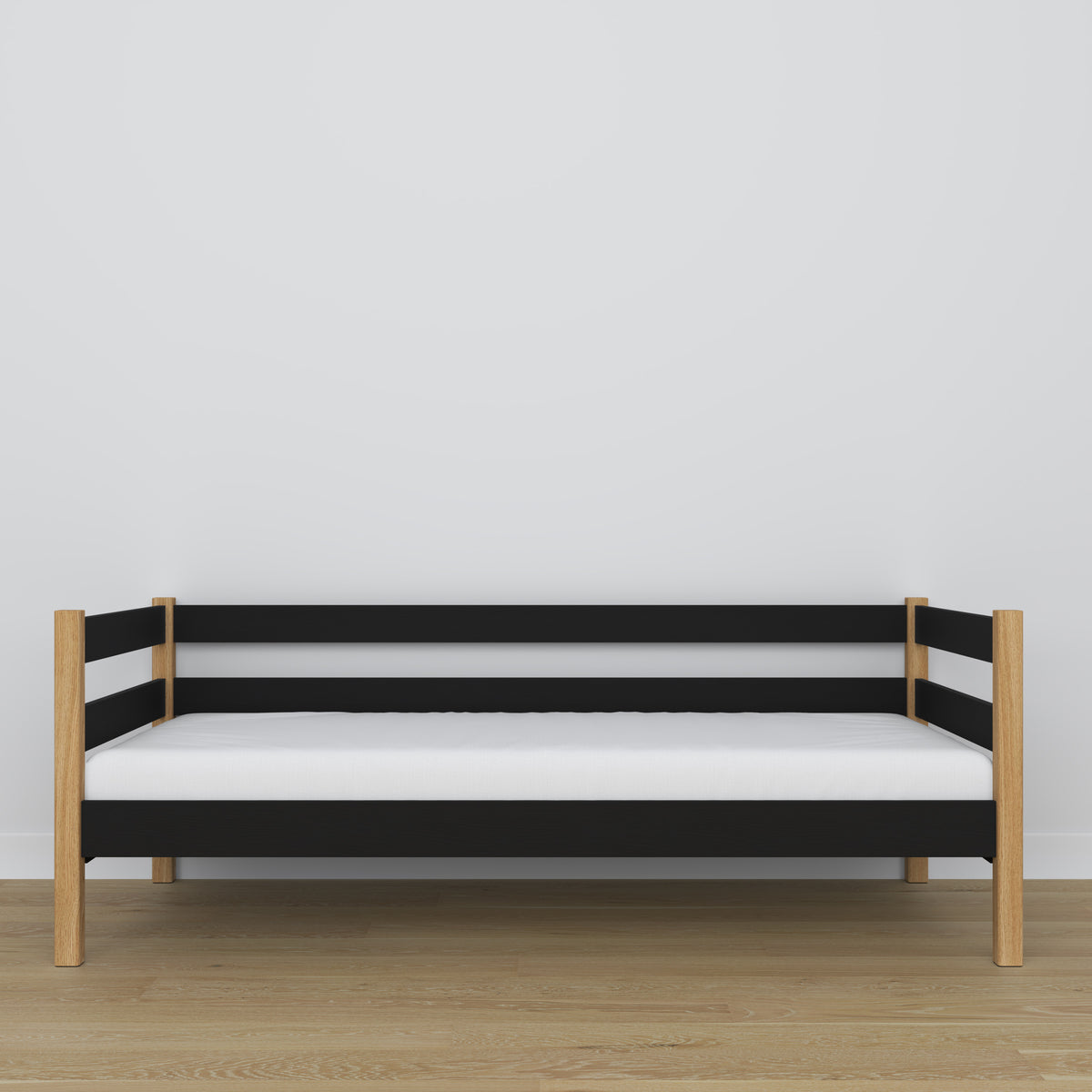 Houten slaapbank zwart-eiken – details van hout en verbindingen, Nizio Home