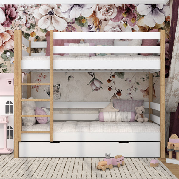 Lit superposé blanc-chêne z tiroir – barrière i échelle en bois, Nizio