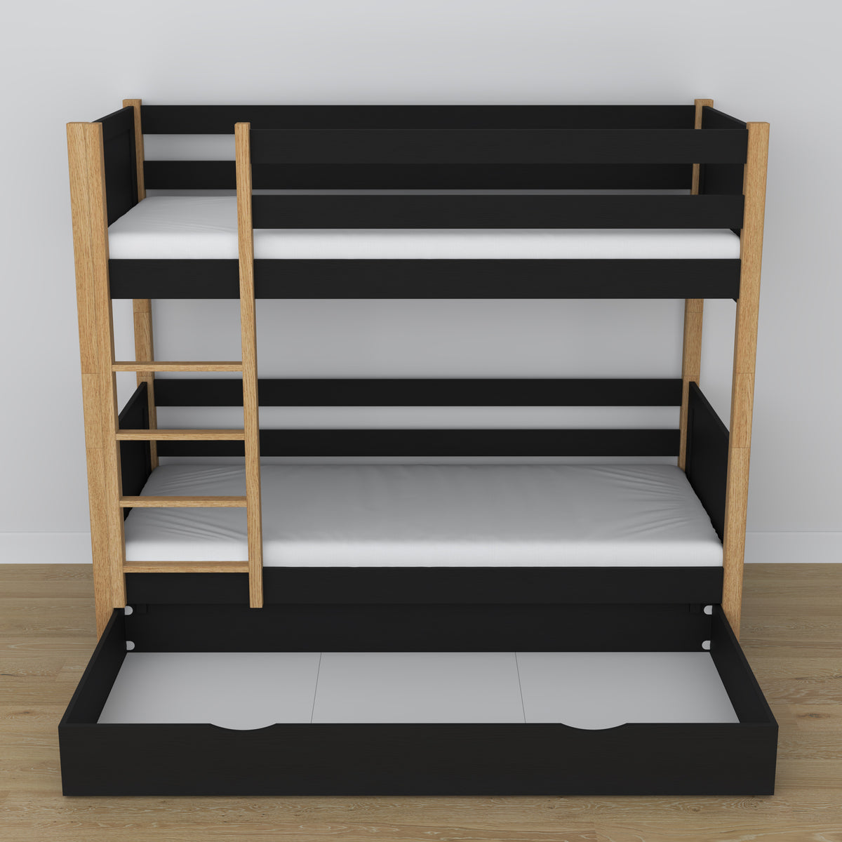 Lit superposé en bois noir-chêne z tiroir – dimensions et schéma, Nizio