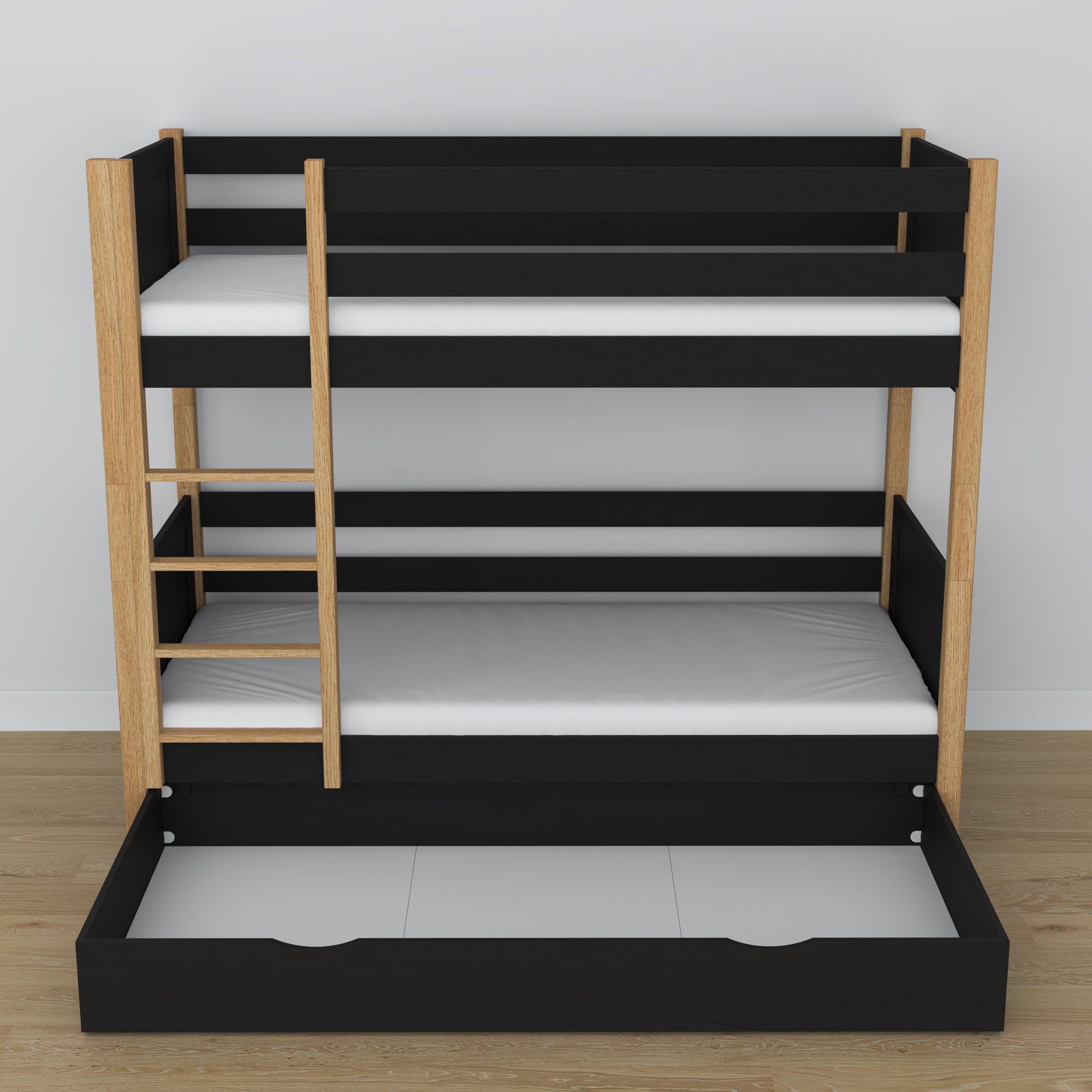 Lit superposé en bois noir-chêne z tiroir – dimensions et schéma, Nizio