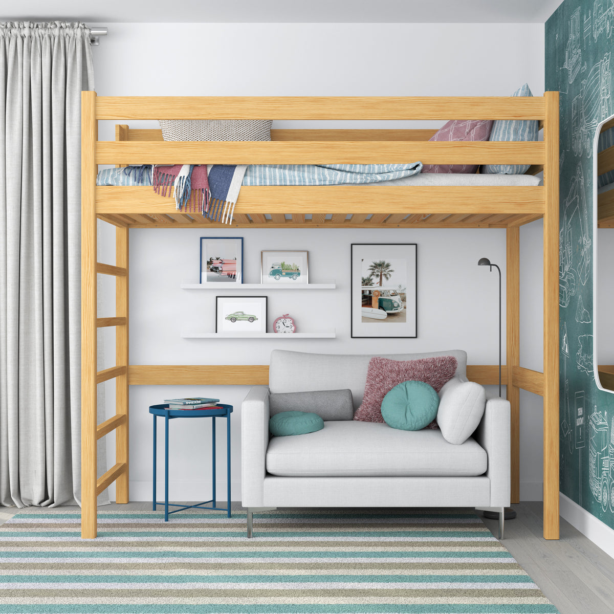 Hoogslaper naturel grenen – ladder en bedhek houten, Nizio Home