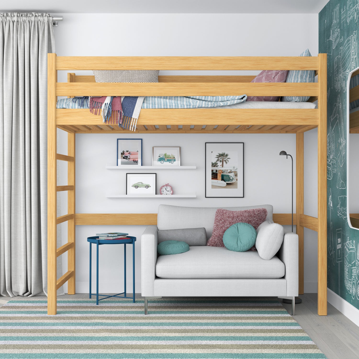 Hoogslaper naturel grenen – ladder en bedhek houten, Nizio Home