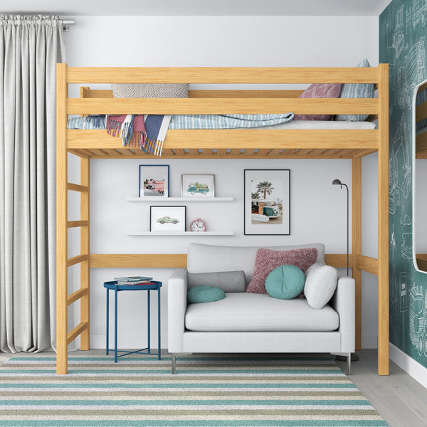 Loft bed natural pine – wooden ladder and safety rail, Nizio Home