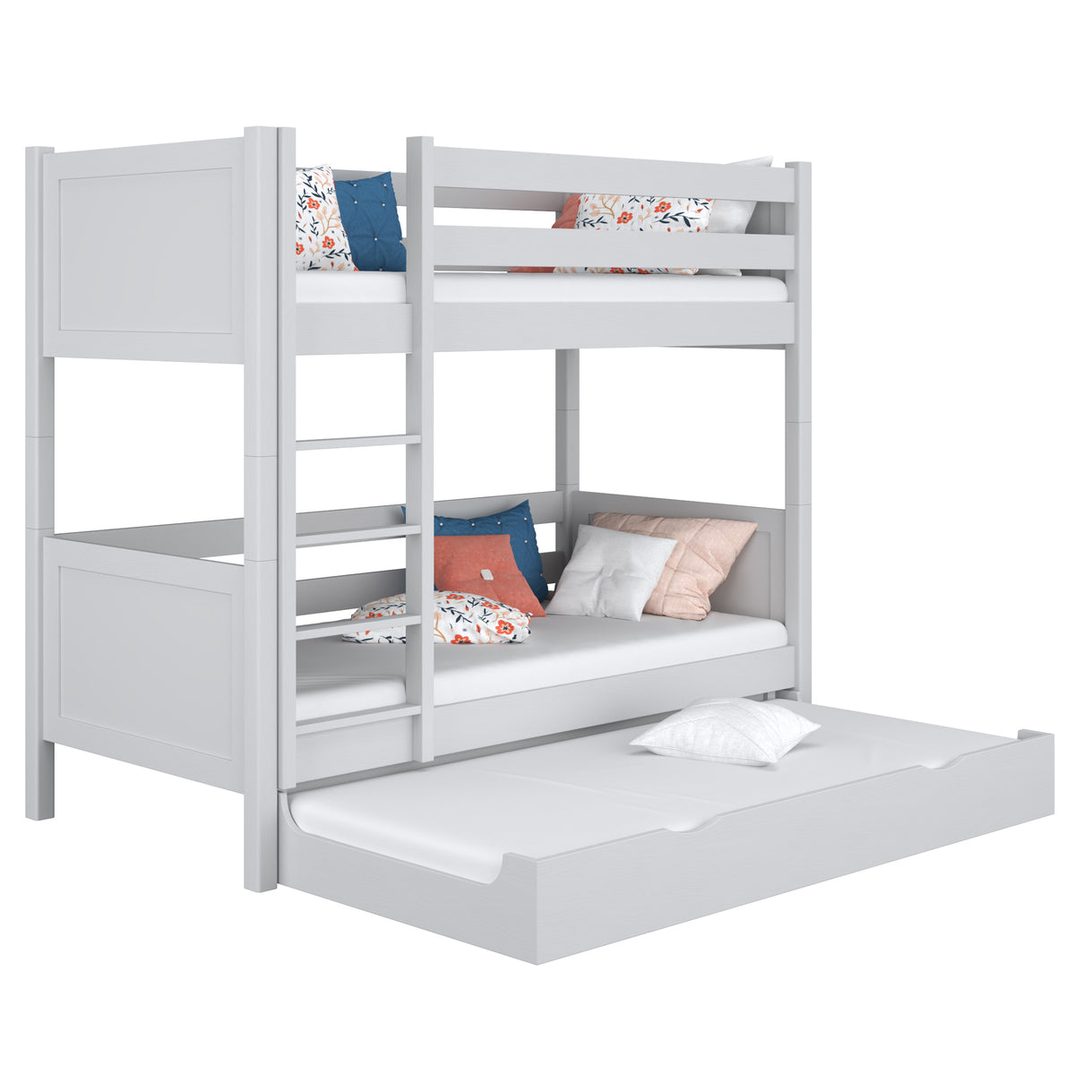 Stapelbed houten grijs – ladder, hekjes, lade voor extra matras