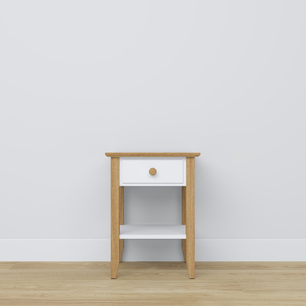Table de chevet z tiroir N01 en bois blanc avec chêne – chambre, style scandinave