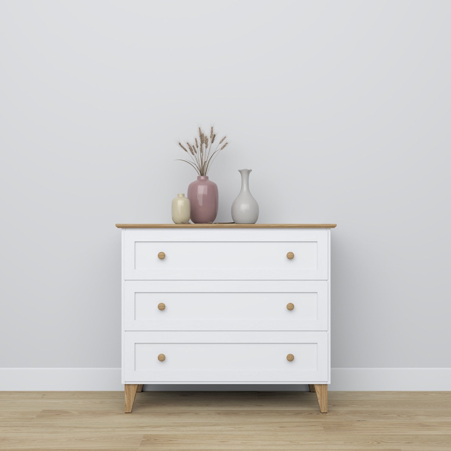 Chest of drawers 3S white with oak wood – side view, compact structure