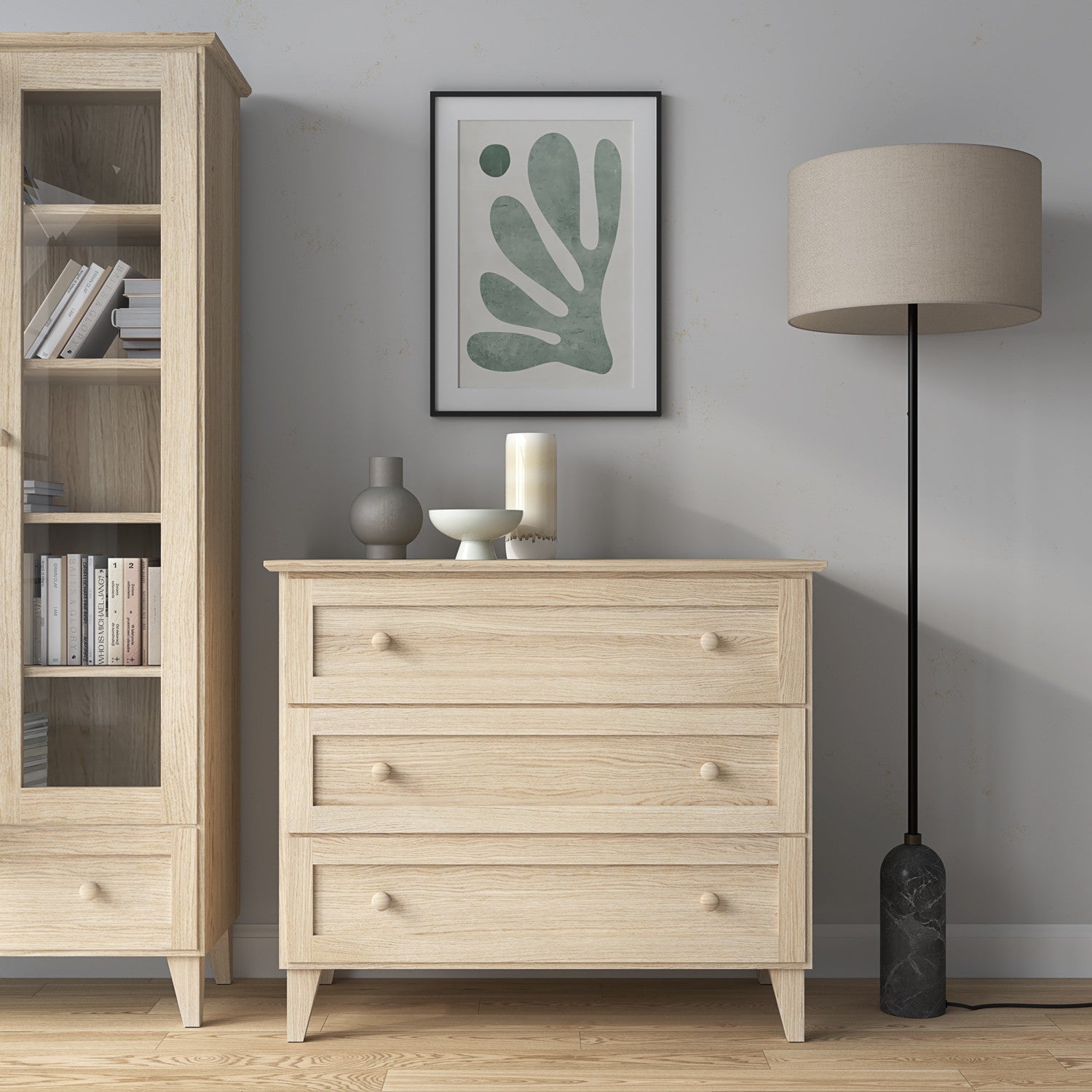 Chest of drawers 3S bleached oak – oak, closed drawers, front view, Nizio