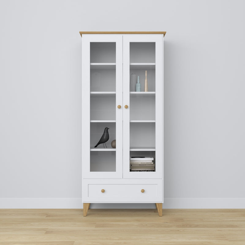 Vitrine z tiroir en bois blanc avec chêne 90 cm – salon, style scandinave Nizio