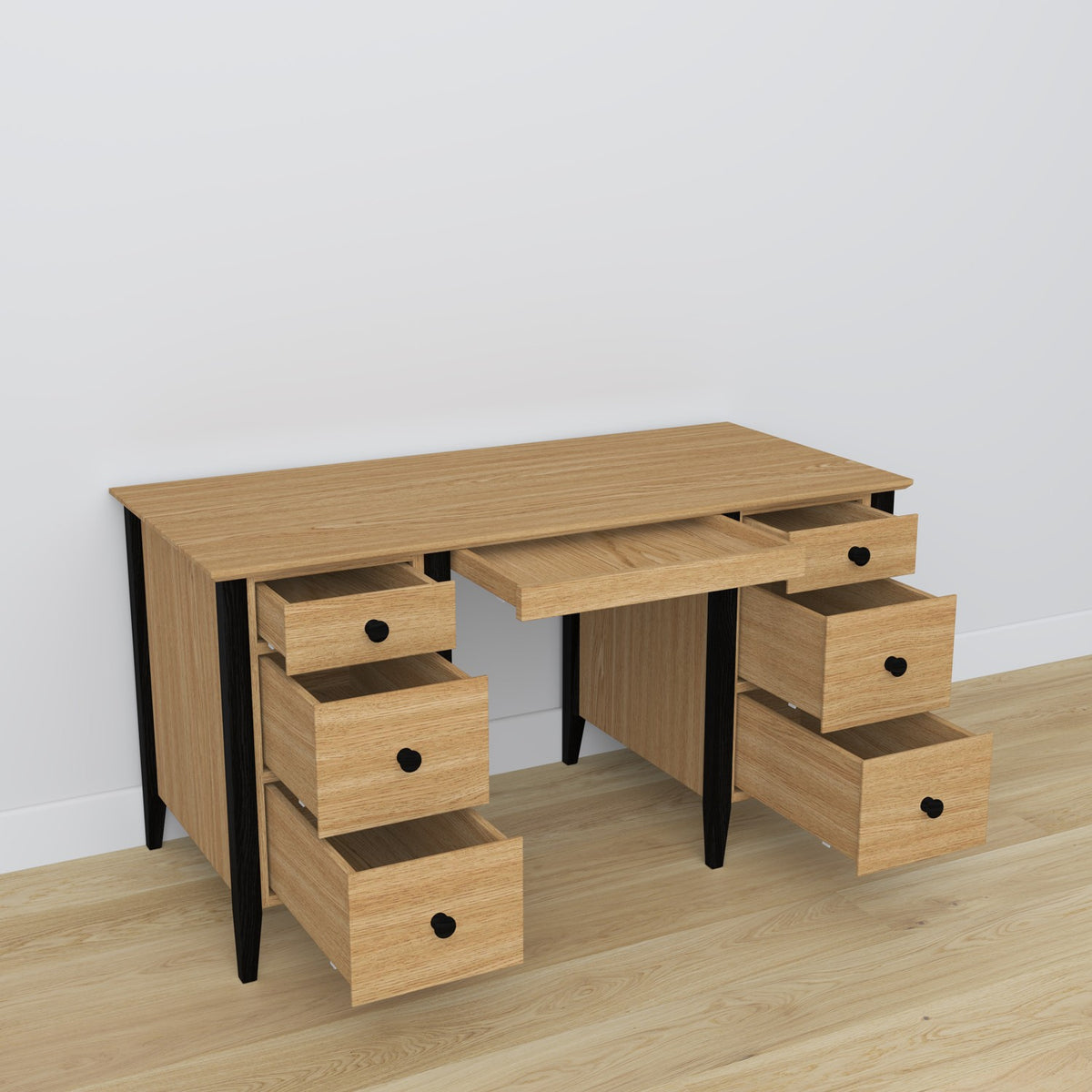 Desk 6S oak natural oak with black – open drawers, document storage compartments