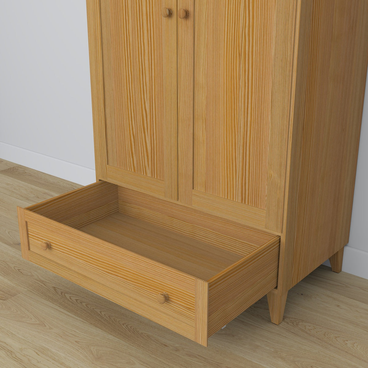 Wardrobe 2D1S pine natural pine – open doors, hanging rail and internal shelves
