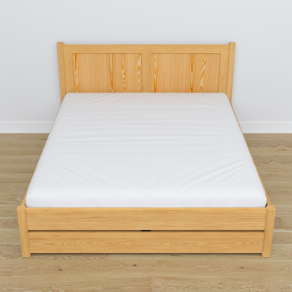 Tweepersoonsbed met lade houten naturel grenen – schuin aanzicht, scandi slaapkamer