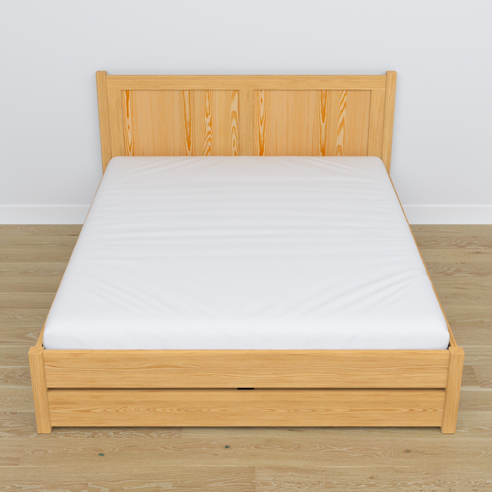 Tweepersoonsbed met lade houten naturel grenen – schuin aanzicht, scandi slaapkamer