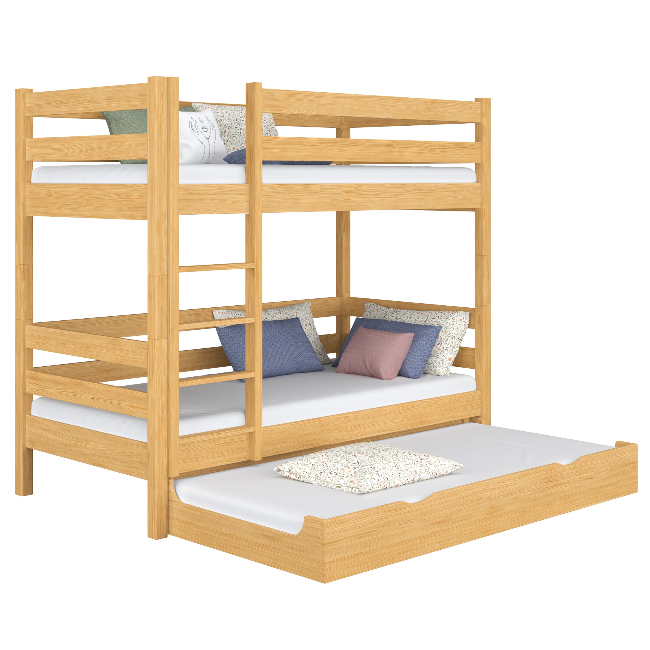 Stapelbed naturel grenen met matraslade – bedhek, houten, Nizio Home