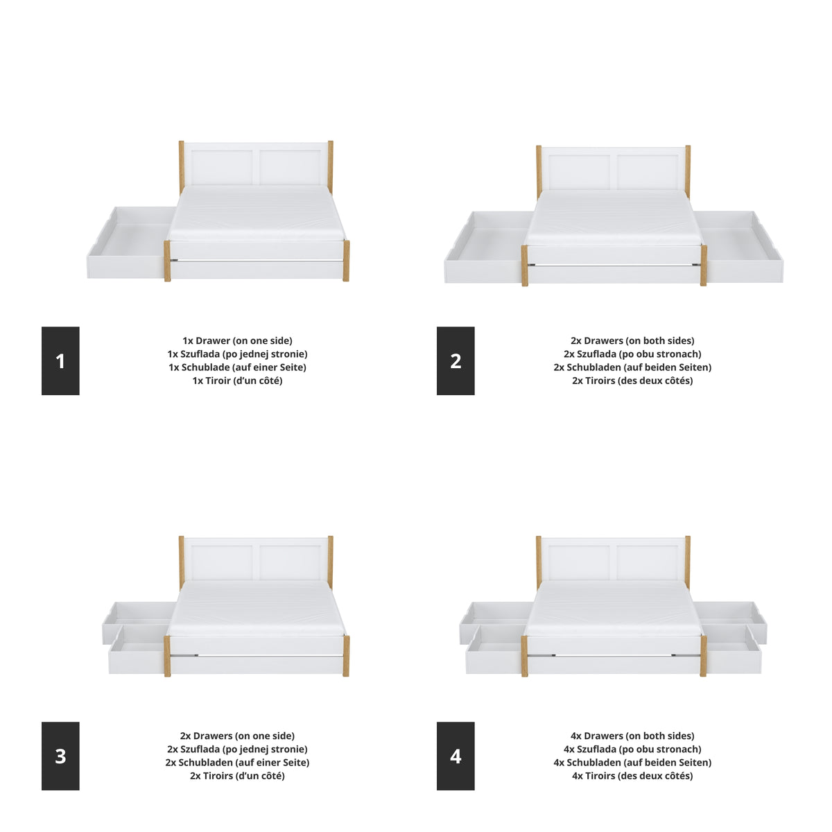 Tweepersoonsbed wit met eiken met lade in slaapkamer – Scandinavische inrichting
