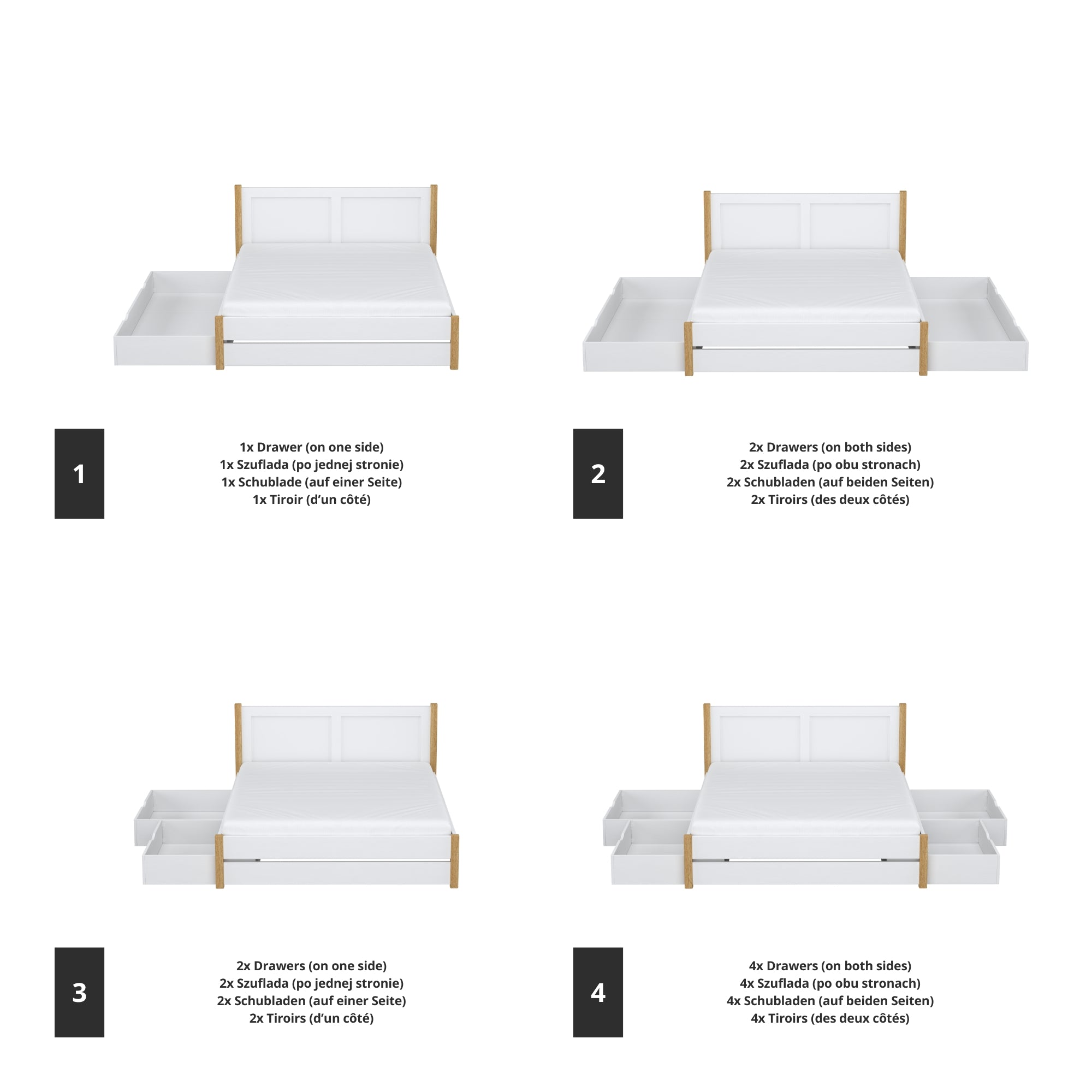 Tweepersoonsbed wit met eiken met lade in slaapkamer – Scandinavische inrichting