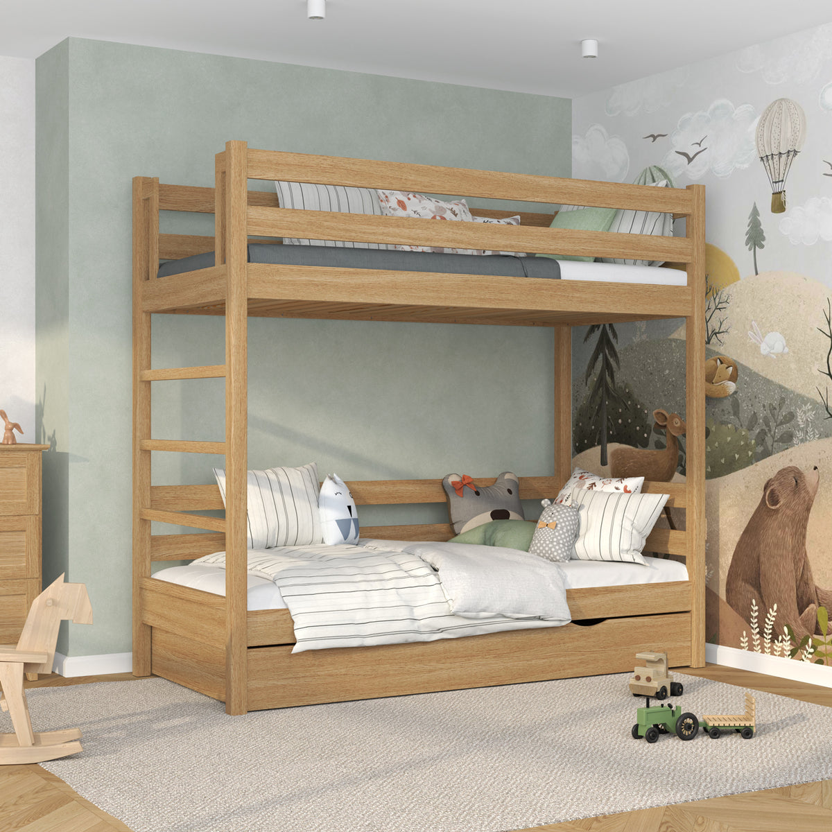 Stapelbed van eikenhout naturel eiken – lade open, ruime bergruimte onder het bed